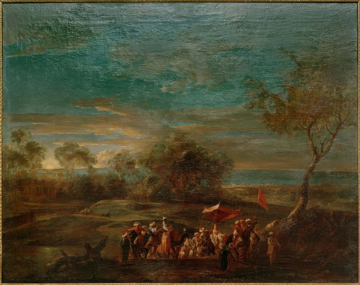 Poranny krajobraz z orientalną procesją ślubną autorstwa Christoph Ludwig Agricola