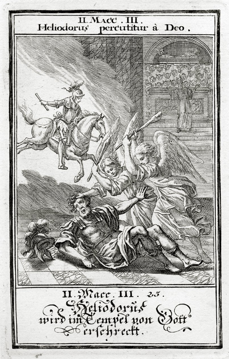 Bóg straszy Heliodora w świątyni, 2 Machabeusze (3:21-28), 1695 autorstwa Christoph Weigel