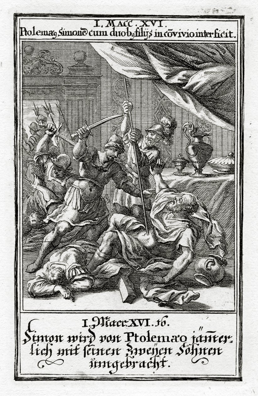Szymon i jego dwaj synowie zostają zabici przez Ptolemeusza.1 Machabejska 14:16, 1695 autorstwa Christoph Weigel