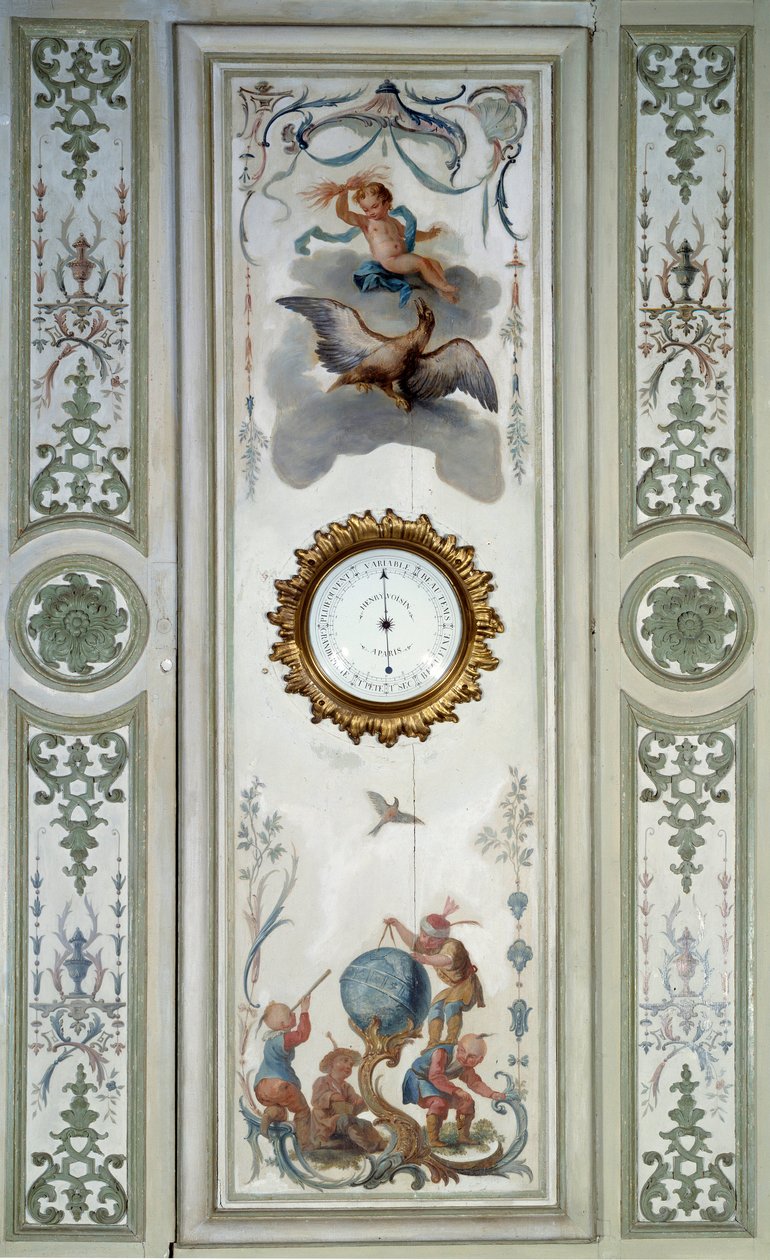 Panel dużego salonu Chateau de Champs sur Marne z barometrem i chinoiserie. Dekor ścienny namalowany przez Christophe Huet (1700-1759) autorstwa Christophe Huet