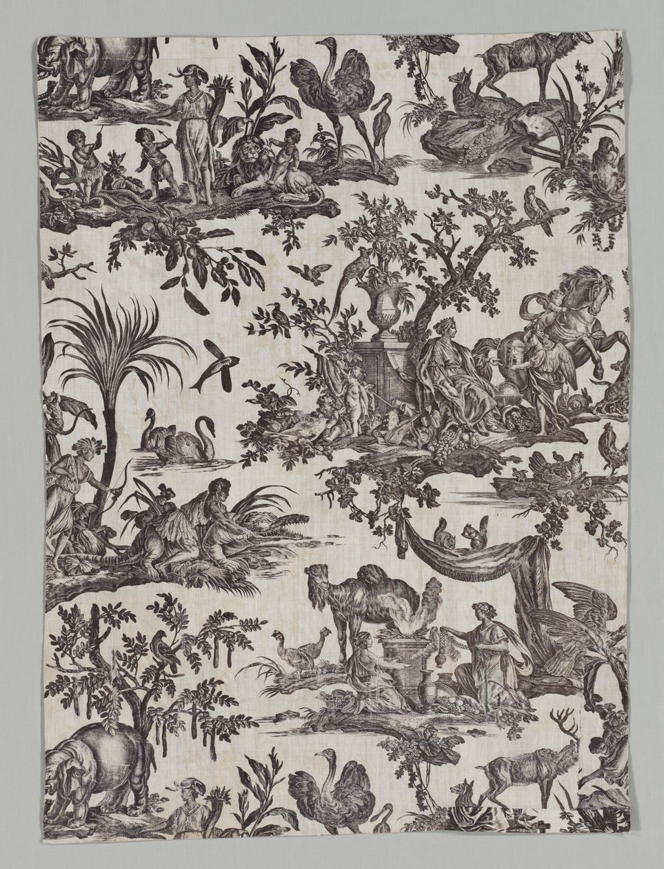 Fragment bawełny z nadrukiem miedziorytowym z wzorem Les quatres party du monde, 1788. autorstwa Christophe Philippe Oberkampf