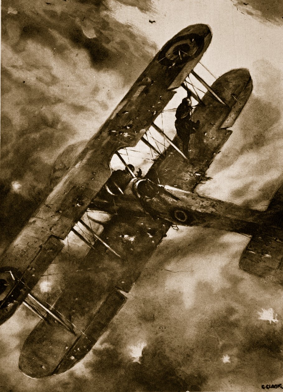 Wyczyn nieustraszonego brytyjskiego obserwatora polegający na utrzymaniu równowagi w powietrzu podczas ciężkiego ataku "Archies", 1914-19 autorstwa Christopher Clark