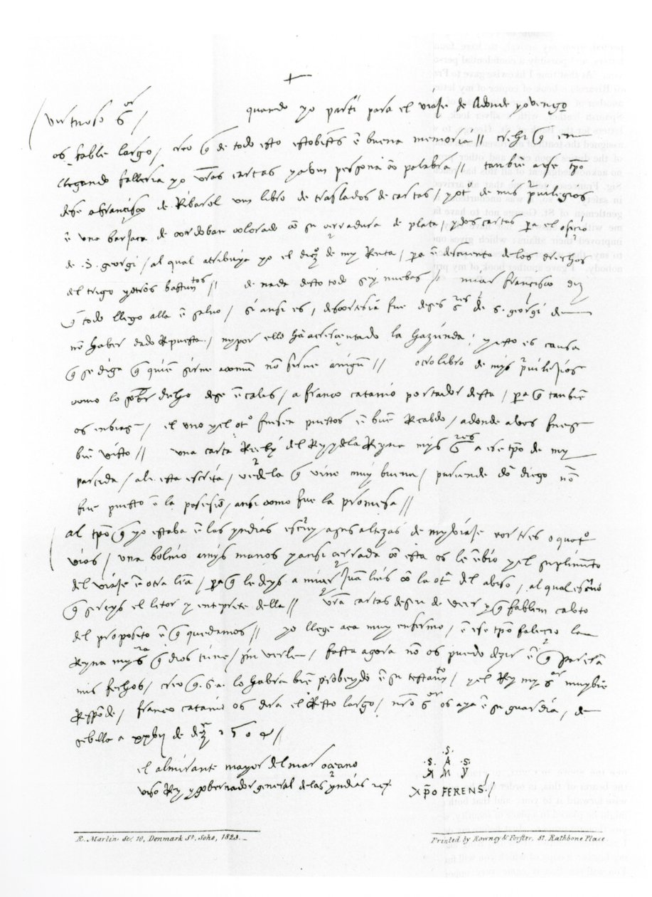 List Kolumba z grudnia 1504 skierowany do doktora Oderigo z „Memoriałów Kolumba; lub Zbiór autentycznych dokumentów tego sławnego nawigatora”, opublikowana w 1823 r. (bw pho autorstwa Christopher Columbus