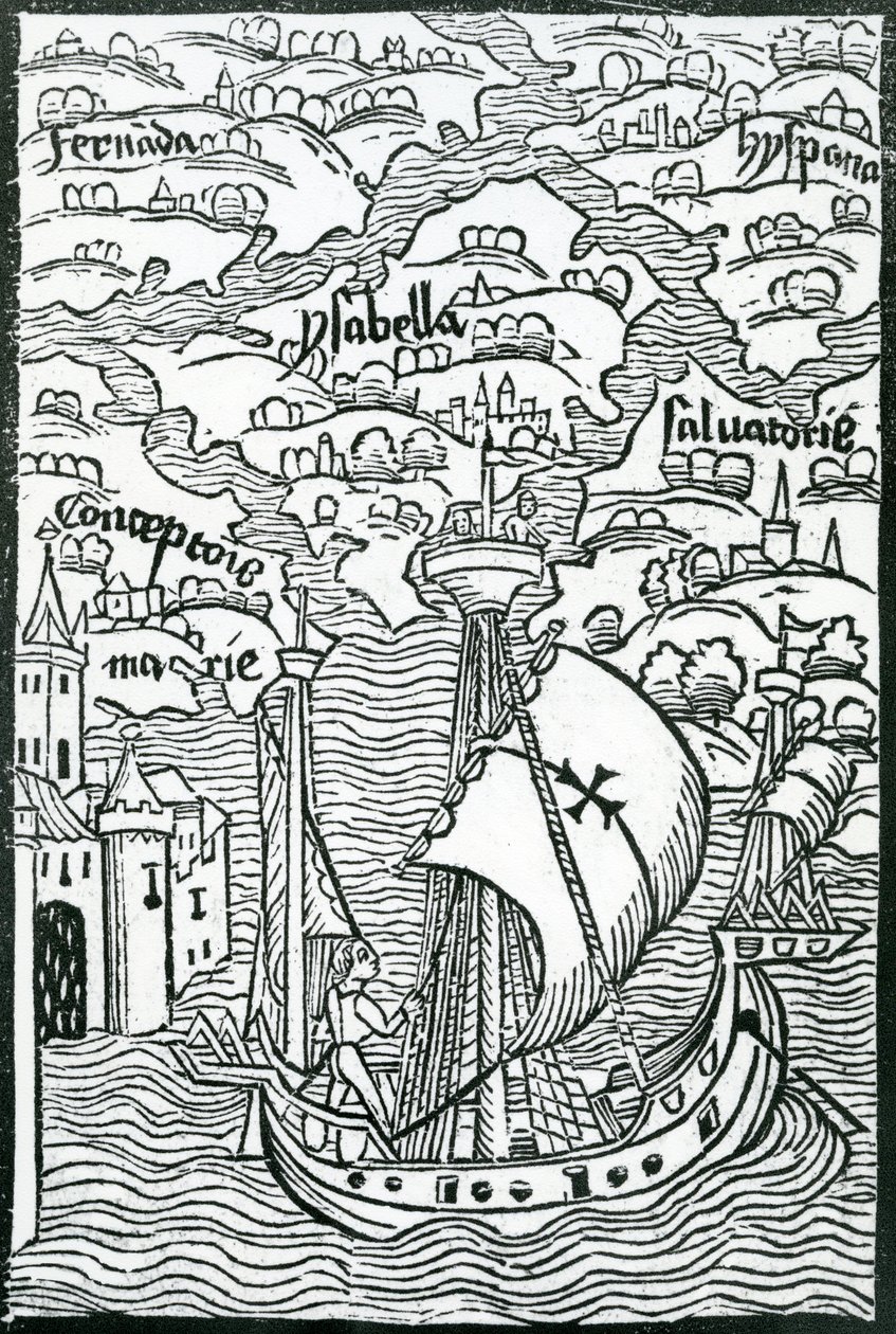 Map opisując wyspy Salvador, Espanola, Fernanda, Izabeli i Poczęcia, 1493 autorstwa Christopher Columbus