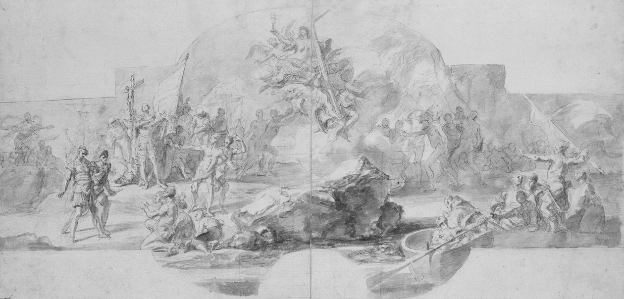 Lądowanie Kolumba w Ameryce, studium do obrazu (zniszczonego w 1777) do Sala del Minor ... autorstwa Christopher Columbus