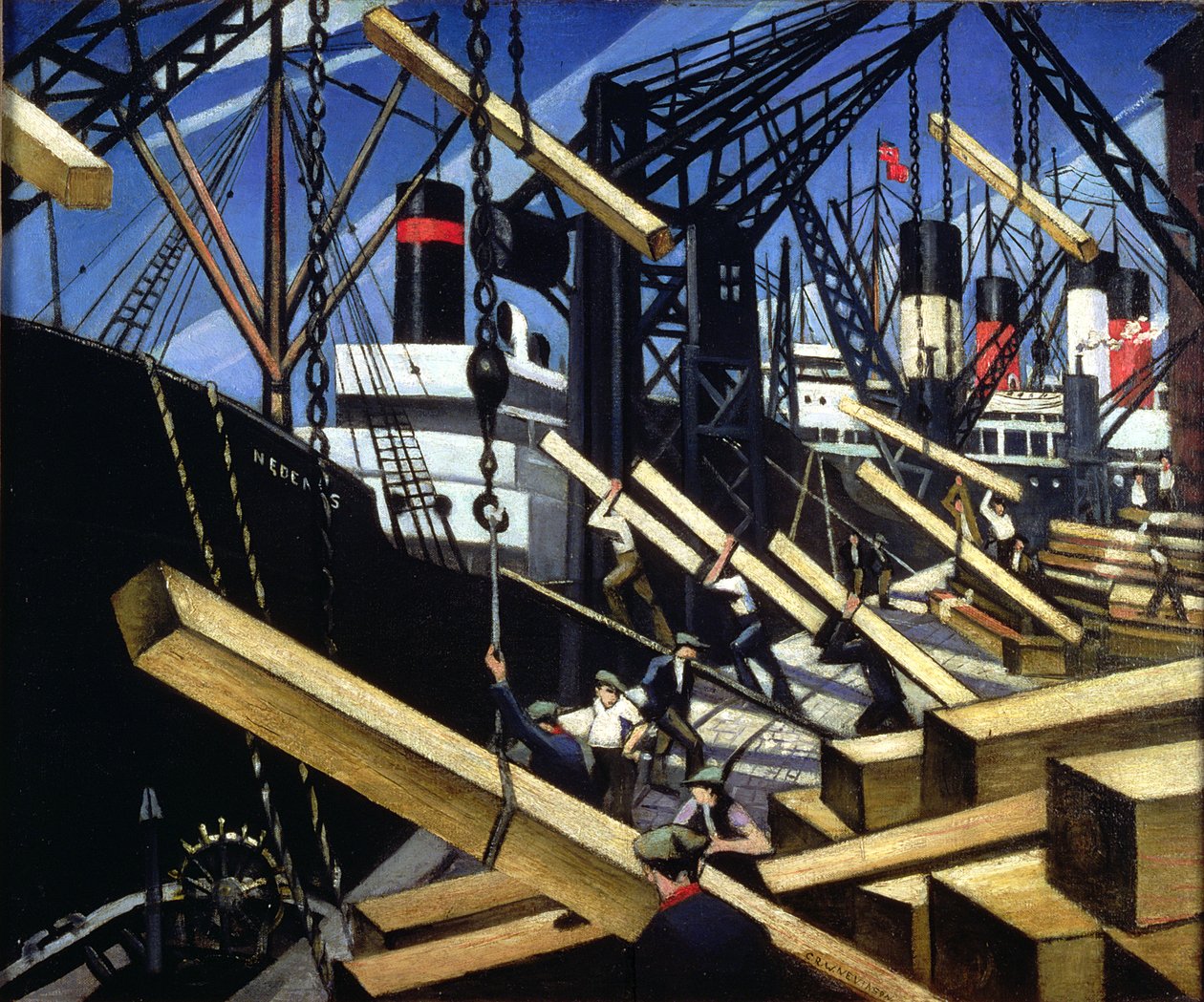 Załadunek drewna, doki w Southampton, 1916-17 autorstwa Christopher Richard Wynne Nevinson