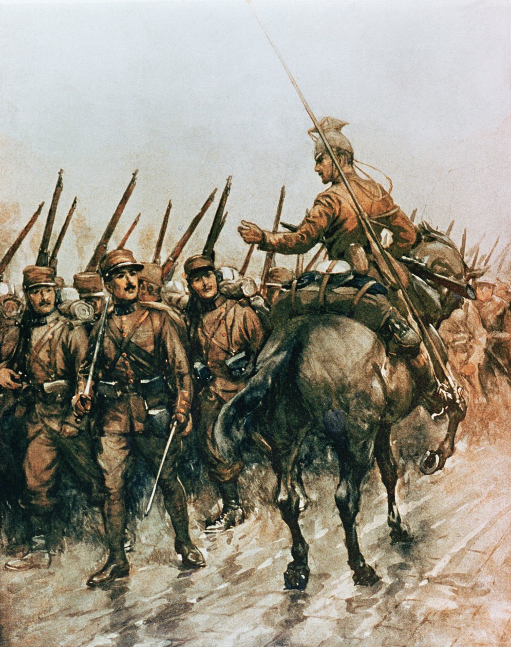 Lancer z belgijskiego korpusu przewodników przechodzący piechotę francuską maszerującą na front w 1914 r. (kolor lito) autorstwa Christopher (after) Clark