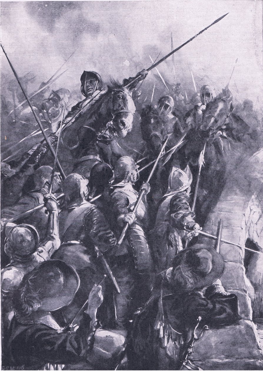 Bitwa pod Preston 17 sierpnia 1648: Na skutek uderzenia szczupaka zostali pokonani z mostu, ilustracja z „British Battles on Land and Sea” autorstwa Christopher Clark