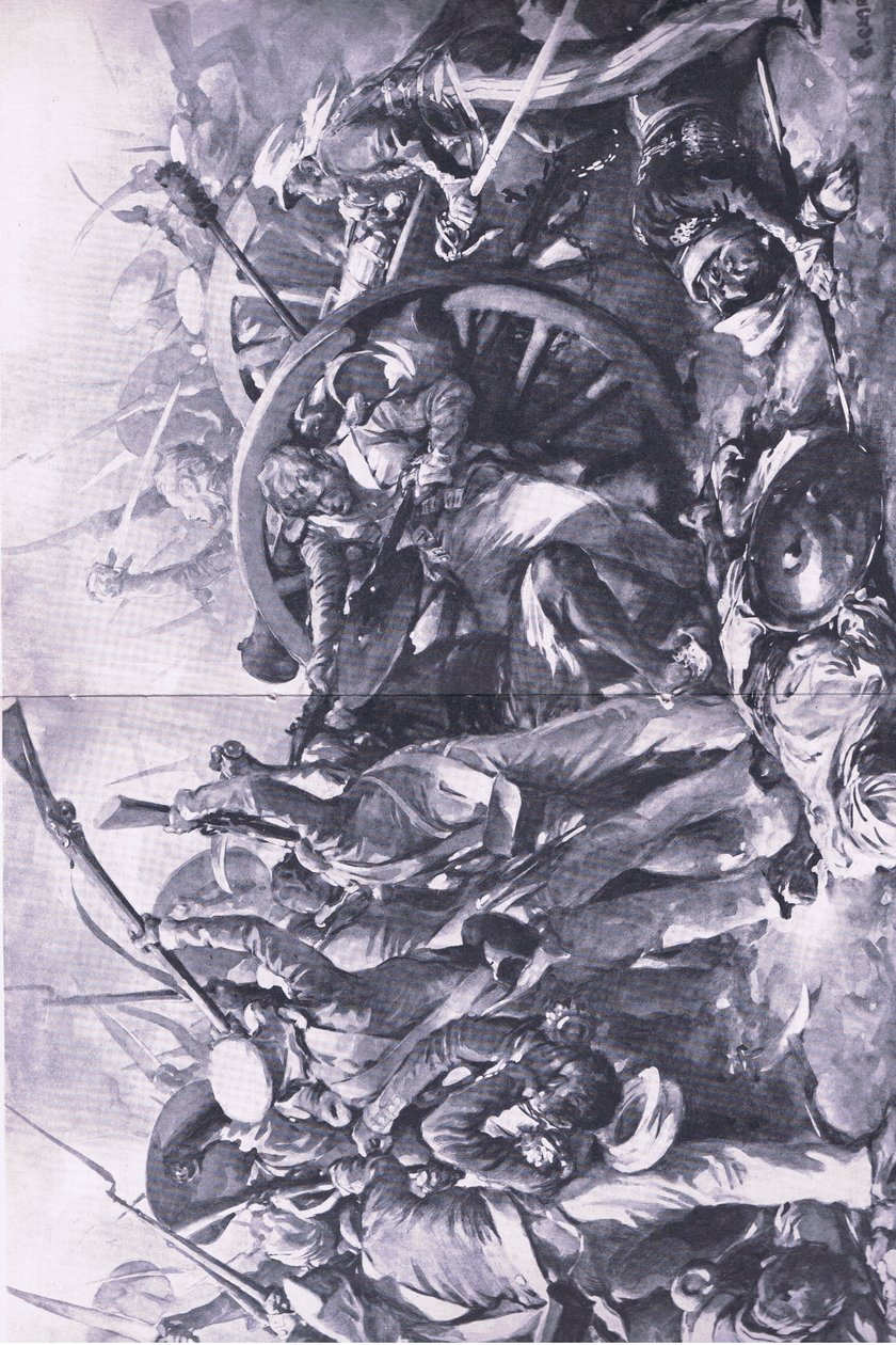Bitwa pod Meanee, 17 lutego 1843: Walka na działa, ilustracja z brytyjskich bitew na lądzie i morzu, 1915 autorstwa Christopher Clark