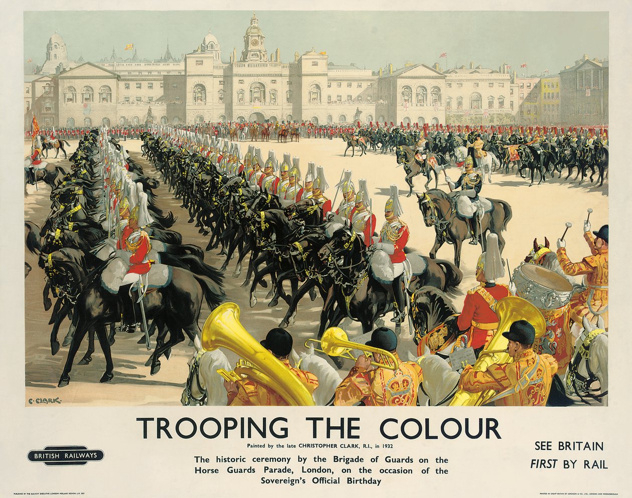 „Trooping the Colour”, plakat reklamowy kolei brytyjskich, ok. 1950 (kolorowa litografia) autorstwa Christopher Clark