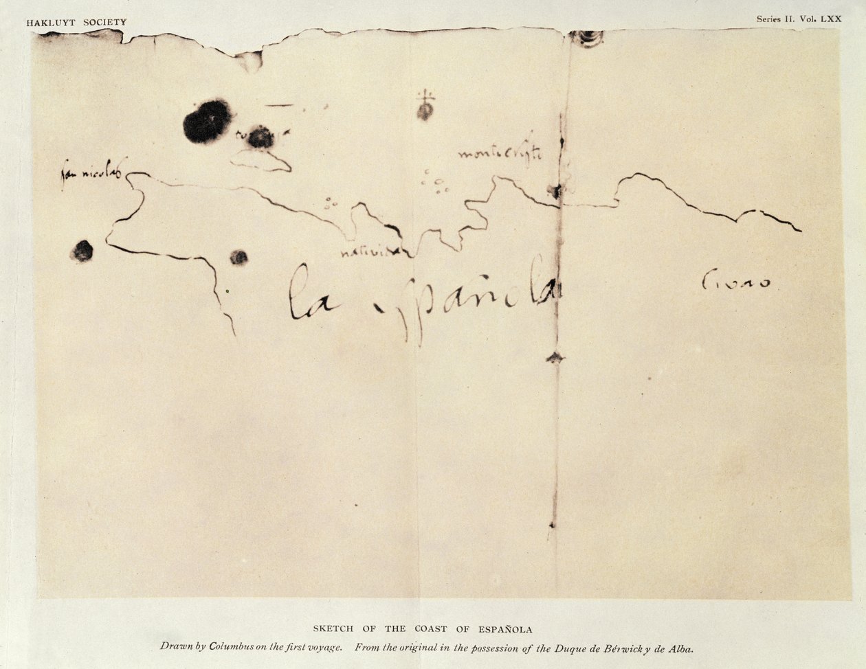 Szkic wybrzeża Espanoli, narysowany przez Kolumba podczas pierwszego rejsu, z oryginału będącego w posiadaniu księcia de Berwick y de Alba, 1492 (tusz na papierze) autorstwa Christopher Columbus