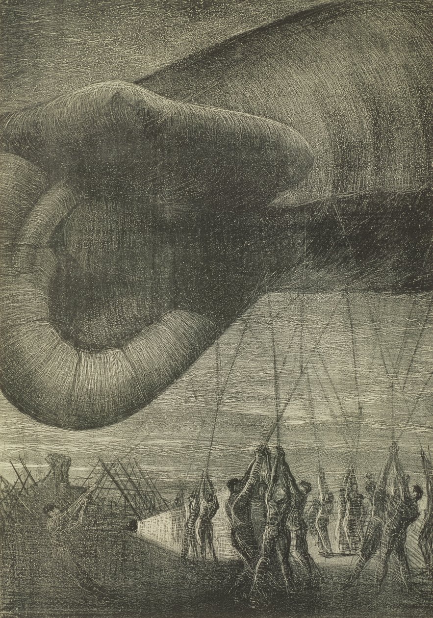 Ciągnięcie balonu obserwacyjnego w nocy, 1918 autorstwa Christopher Richard Wynne Nevinson
