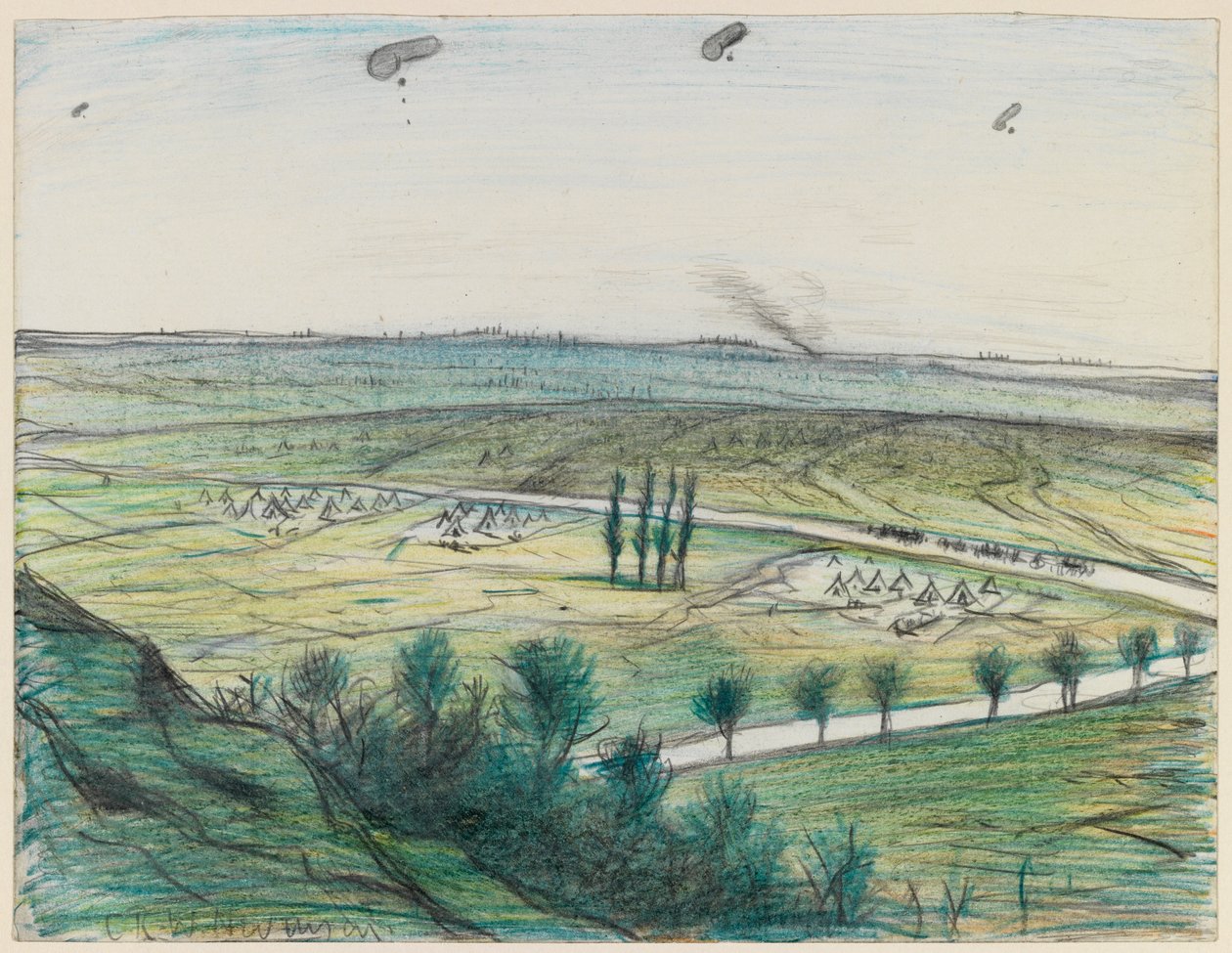 Pejzaż z balonami obserwacyjnymi, 1914-18 (ołówek i kredka na papierze) autorstwa Christopher Richard Wynne Nevinson