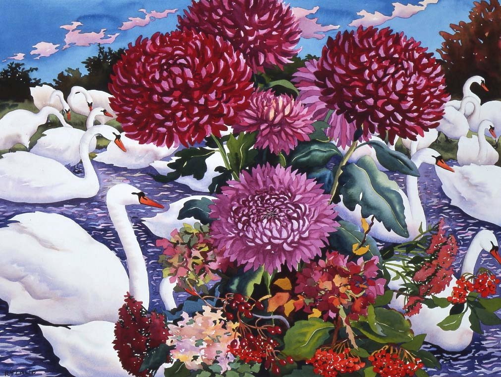 Łabędzie i chryzantemy, 2005 (akwarela na papierze) autorstwa Christopher Ryland