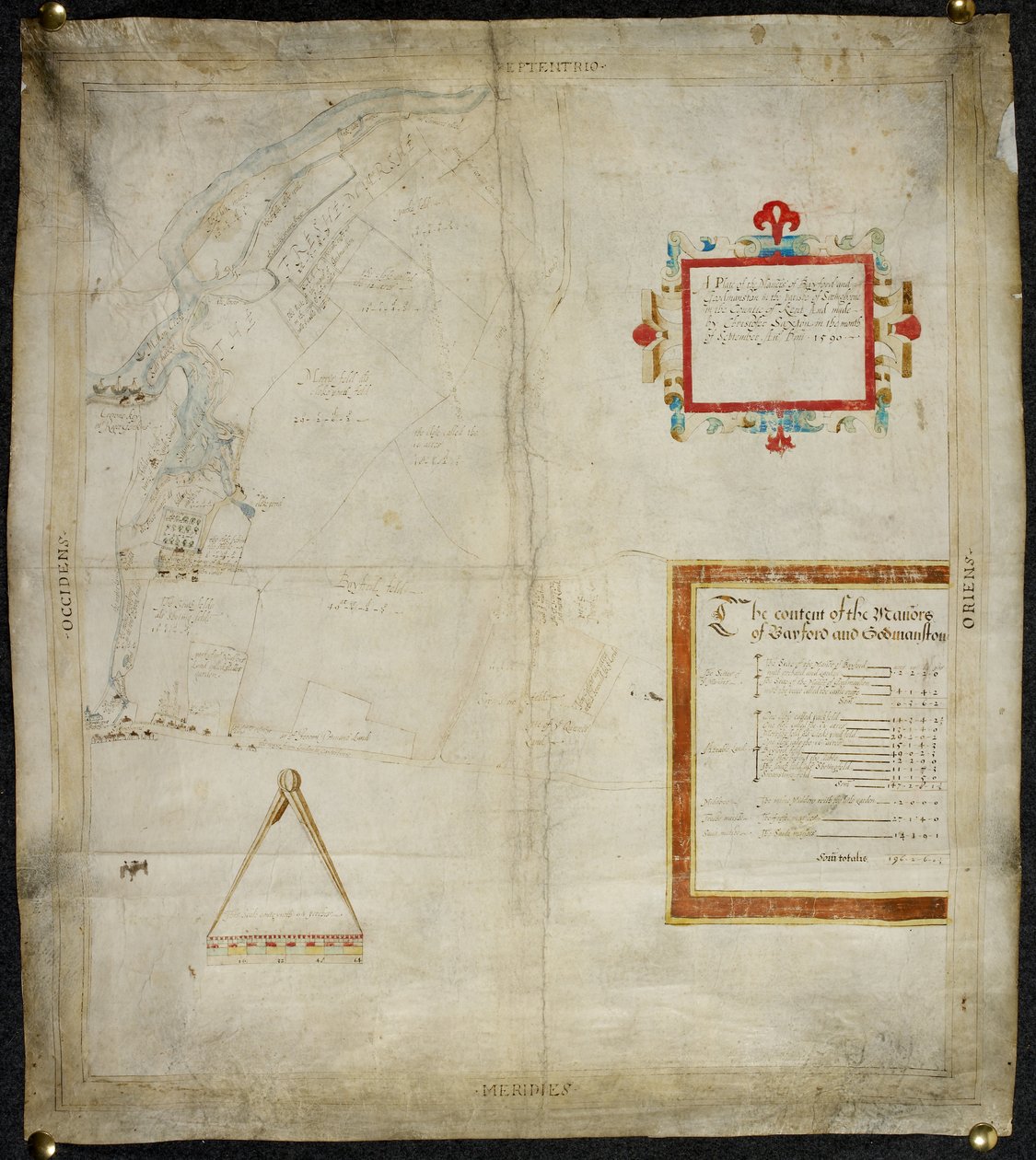 Mapa posiadłości Bayford i Goodmanston w Murston i Sittingbourne, co. Kent: 1590 (tusz i kolorowa farba na welinie) autorstwa Christopher Saxton