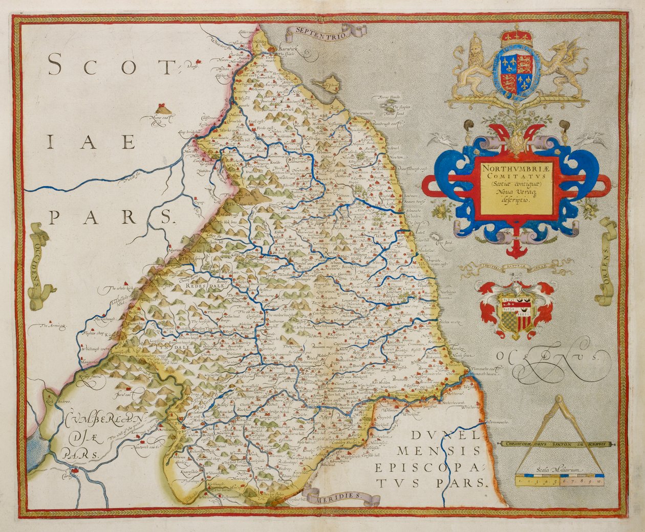 Mapa Northumbrii z „Atlasu Anglii i Walii” autorstwa Christopher Saxton