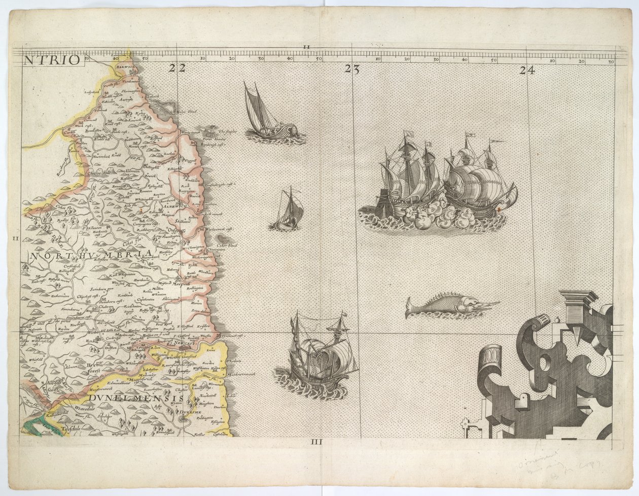 Northumbria i północno-wschodnia Anglia, z mapy ściennej Saxtona z 1583 r. (rycina) autorstwa Christopher Saxton