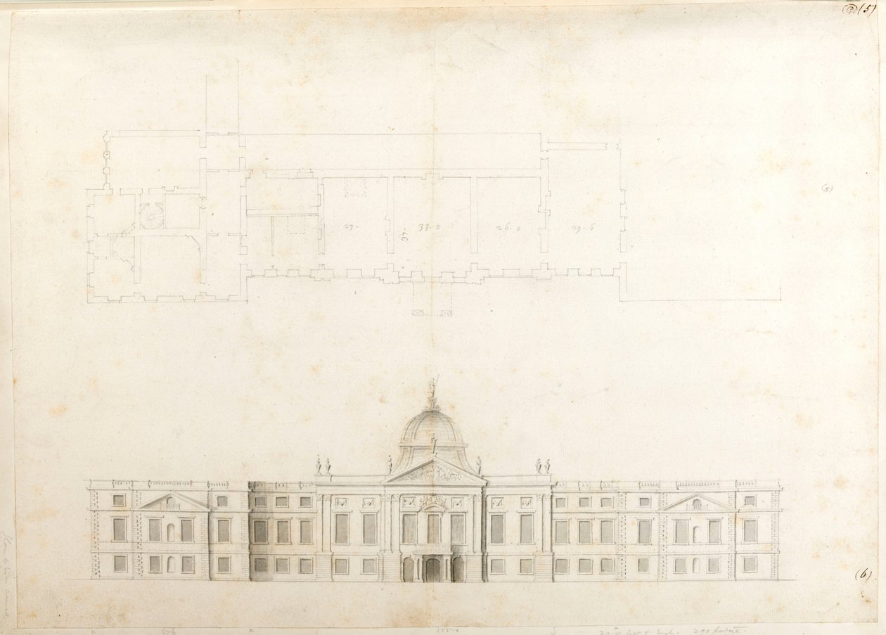 Pałac Hampton Court, Elewacja w planie częściowym i szkicu elewacji wejściowej, prawdopodobnie dla II schematu, numer 5 i 6 autorstwa Christopher Wren