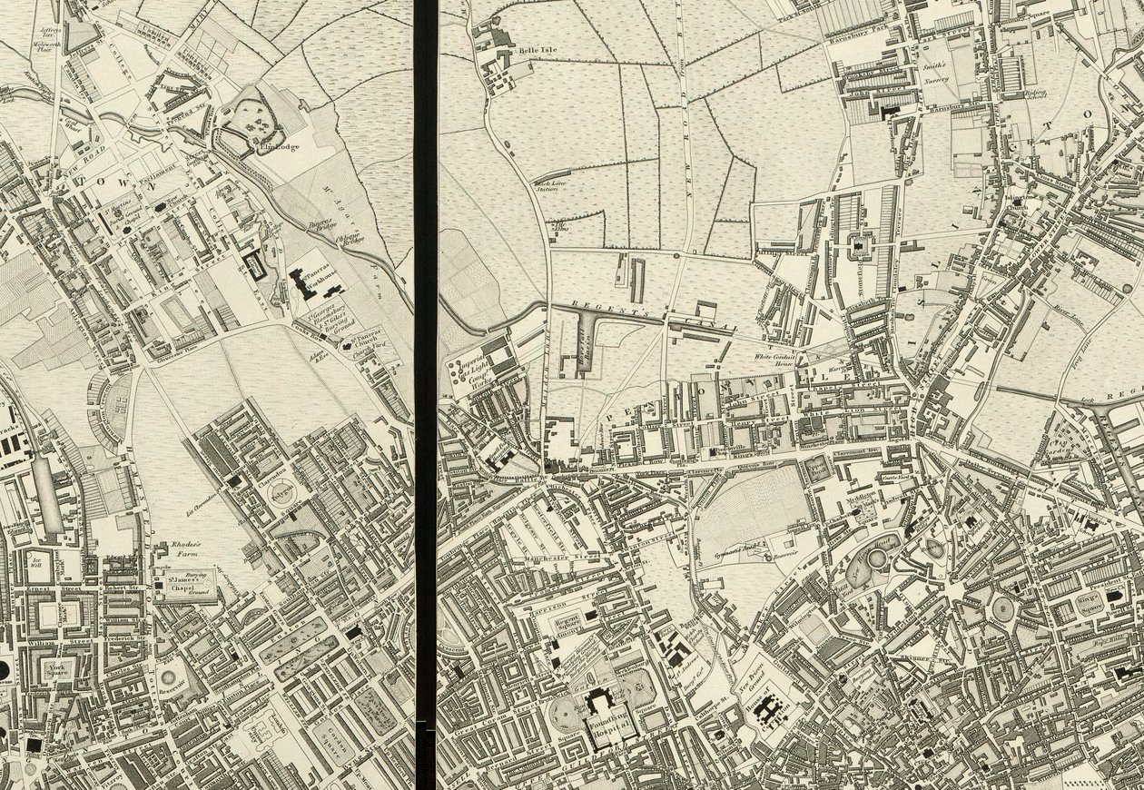 Szczegół obszaru wokół Pentonville, z Mapy Londynu, z rzeczywistego badania wykonanego w latach 1824 autorstwa Christopher and John (fl.1821 40) Greenwood