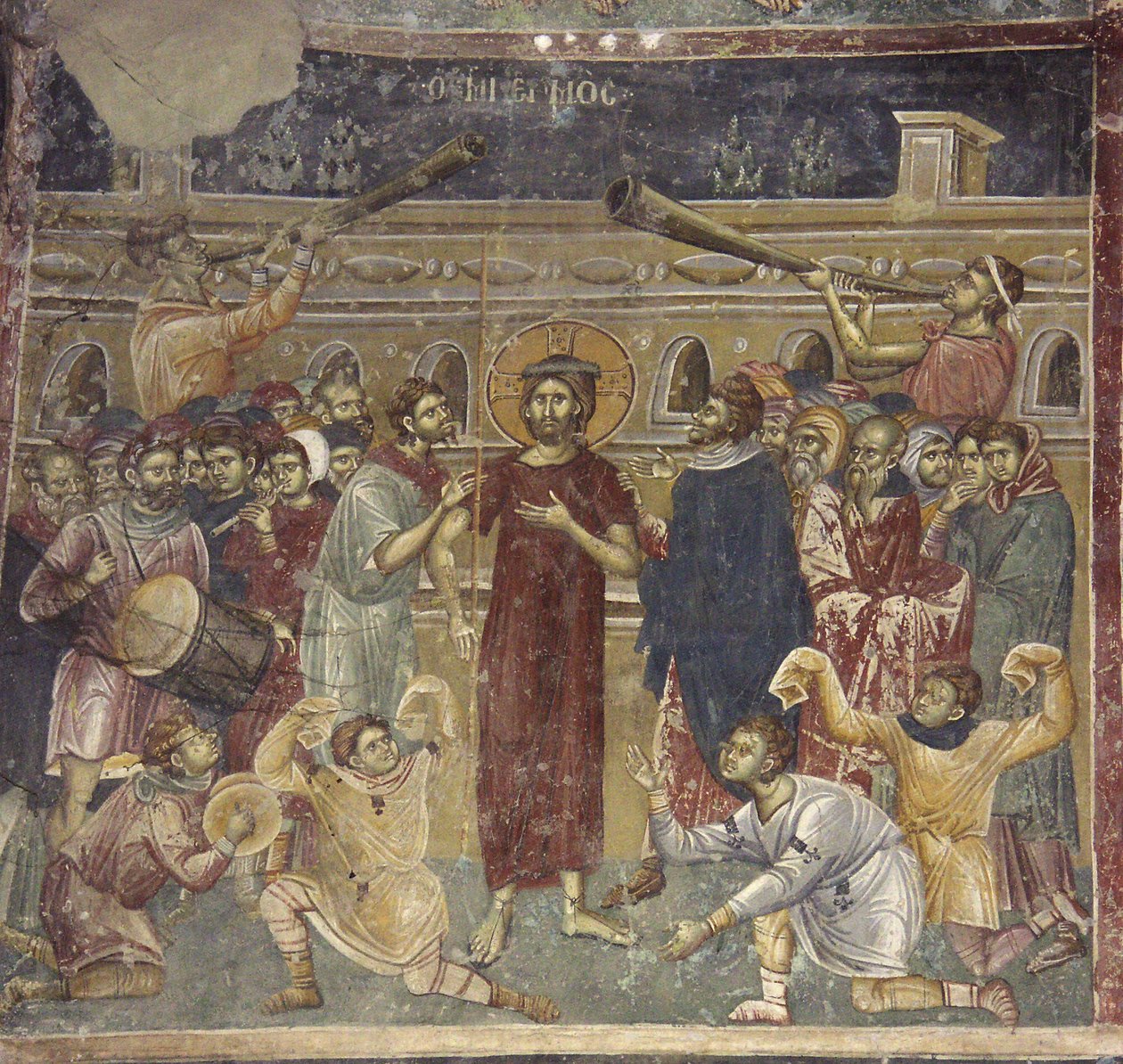 Scena muzyków Naśmiewanie się z Jezusa, ok. 1317 autorstwa Chrostiras Michael