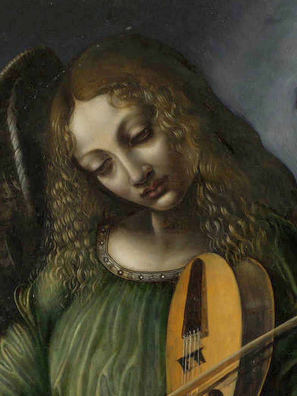 Anioł w zieleni z vielle, część Ołtarza S. Francesco, Mediolan autorstwa Circle of Leonardo da Vinci