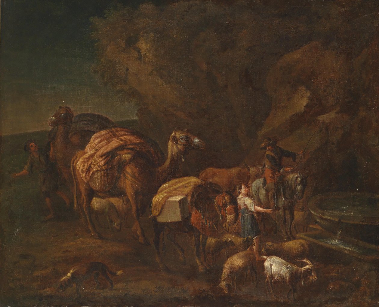 Orientalny krajobraz z poganiaczami wielbłądów i pasterzami bydła autorstwa Circle of Nicolaes Pieterszoon Berchem