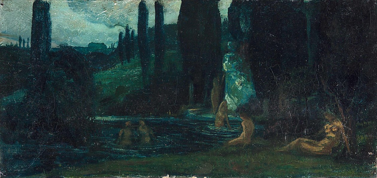 Kobiety kąpiące się wieczorem w południowym krajobrazie autorstwa Circle of Arnold Böcklin