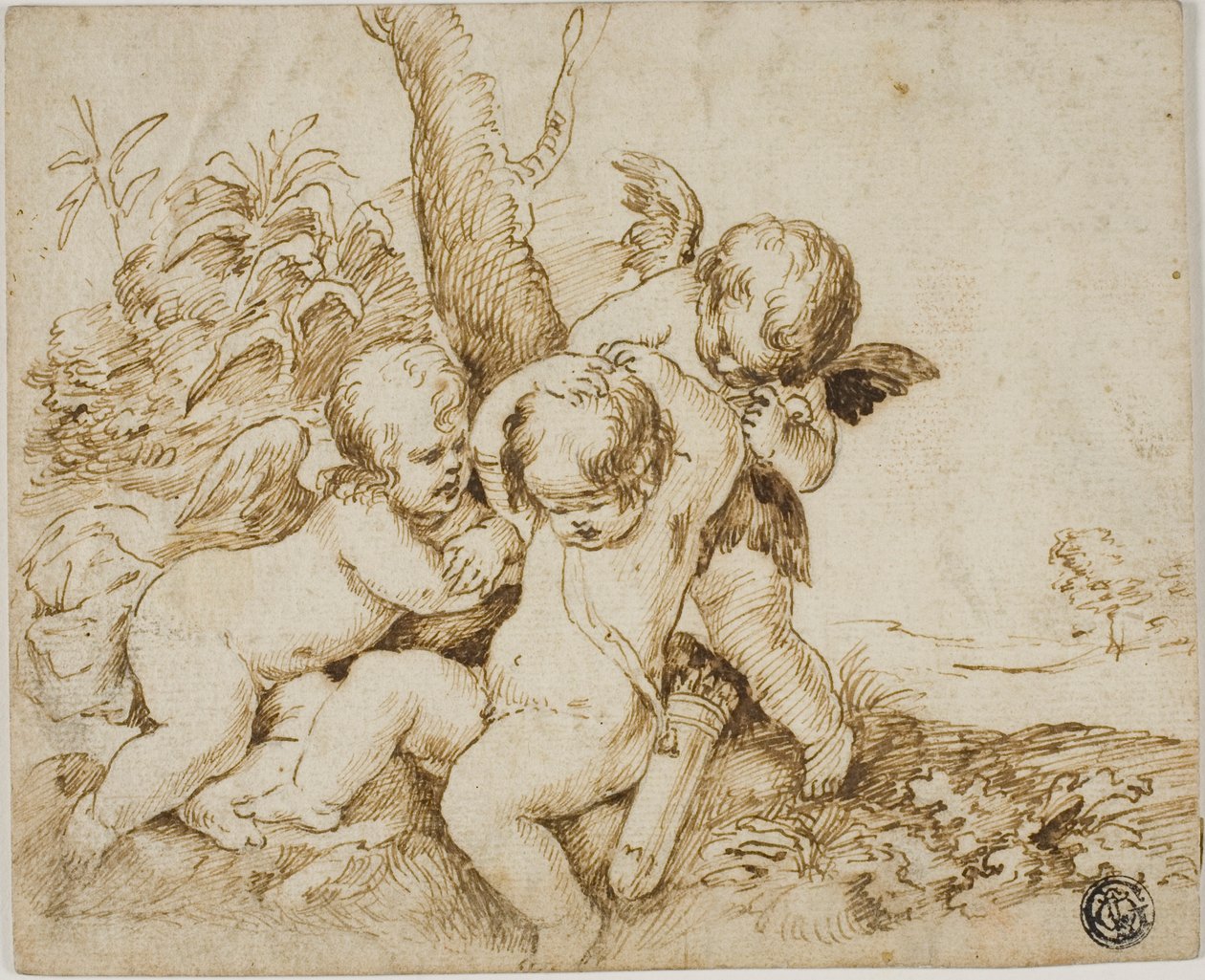 Dwie Putti oślepiają trzecią autorstwa Circle of Guido Reni