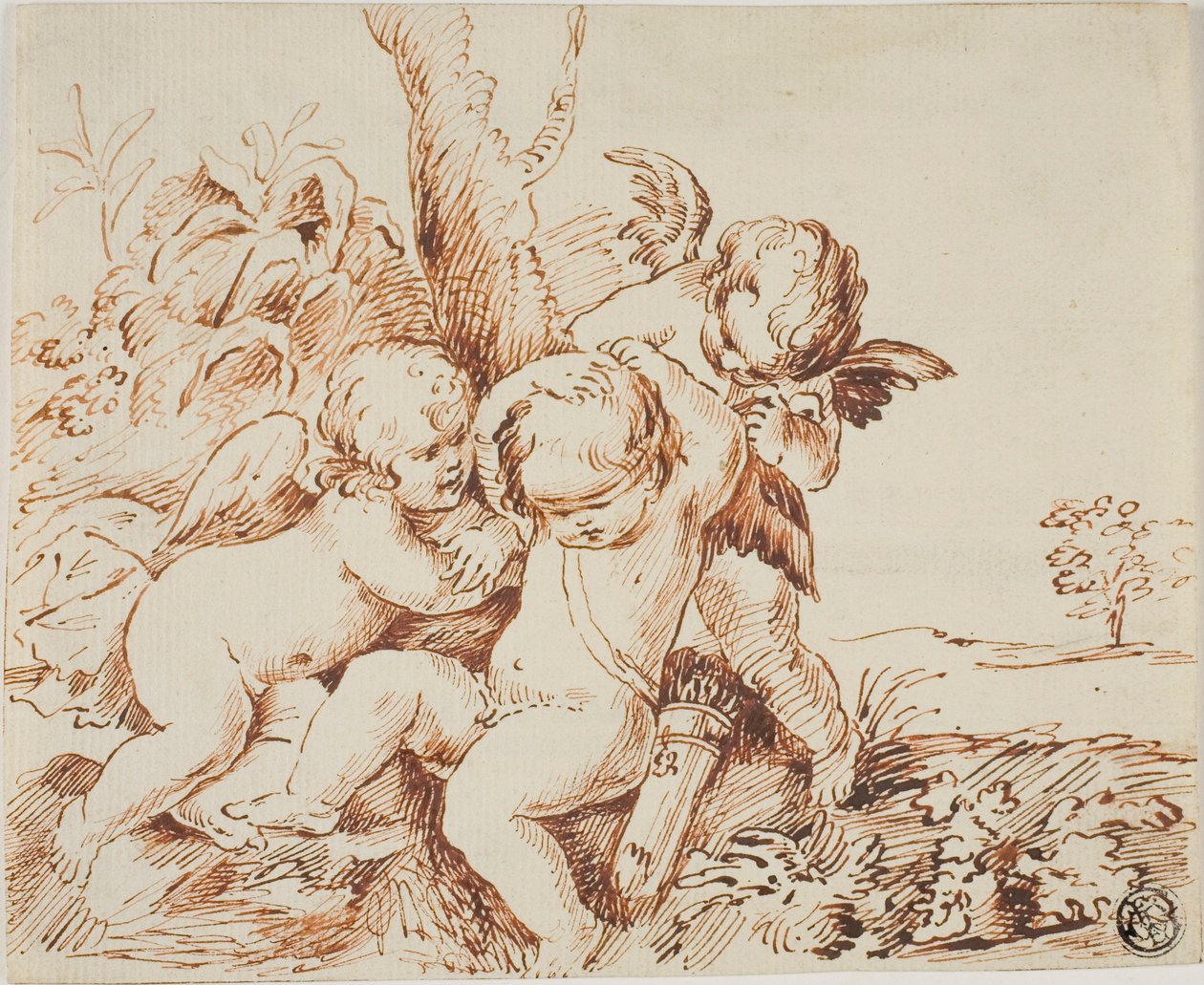 Dwie Putti oślepiają trzecią autorstwa Circle of Guido Reni