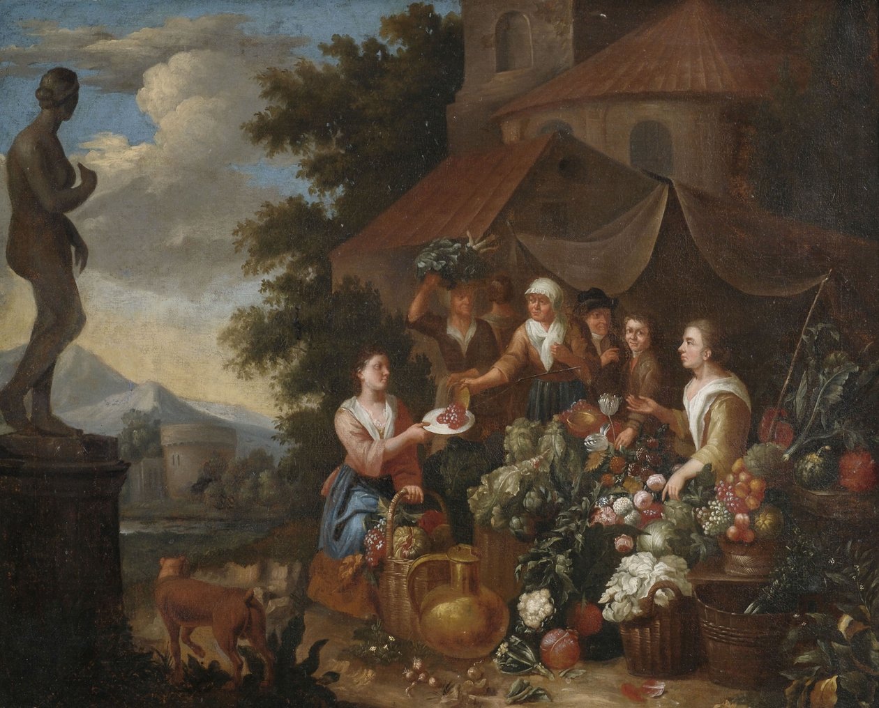 Sprzedaż warzyw i kwiatów na włoskim targu. autorstwa Circle of Norbert van Bloemen