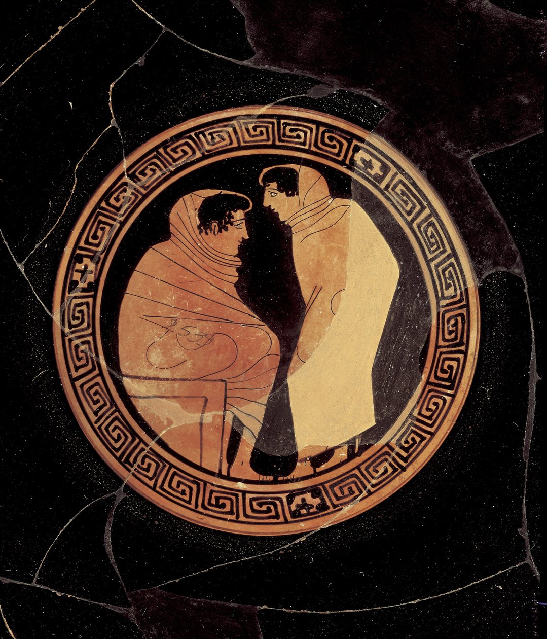 Poddasze czerwonofigurowe kylix przedstawiające rozmowę z postaciami męskimi, ok. 450 pne (glina) (detal) autorstwa Circle of the Penthesilia Painter attr. to Circle of the Penthesilia Painter attr. to