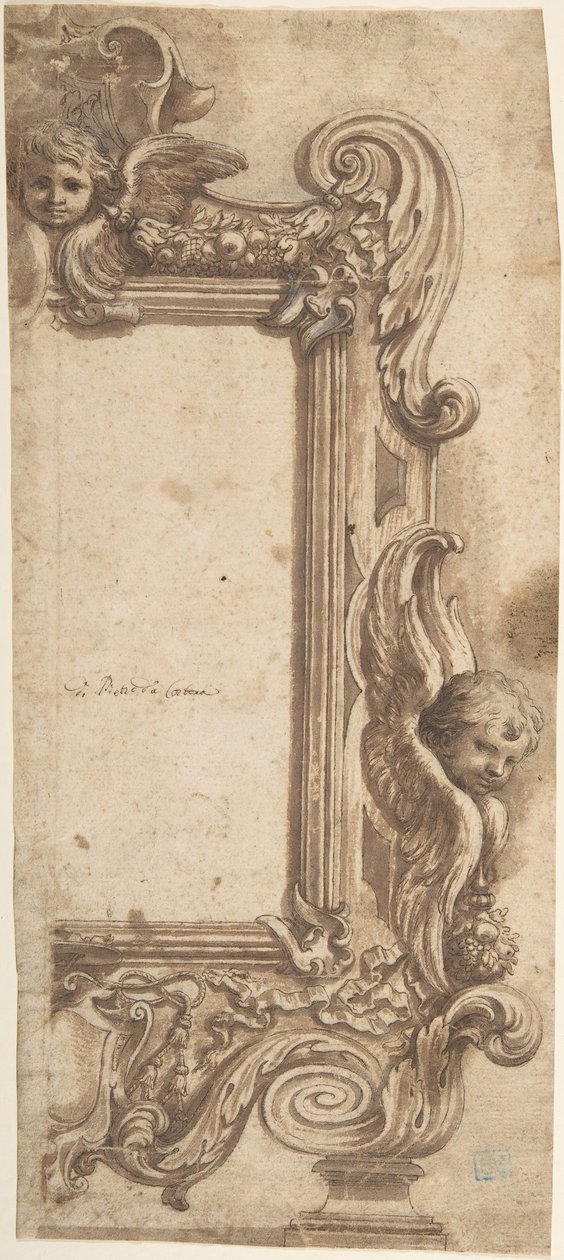 Projekt na pół ramie ozdobiony aniołami, wolutami i girlandami., 1634-89. autorstwa Ciro Ferri.