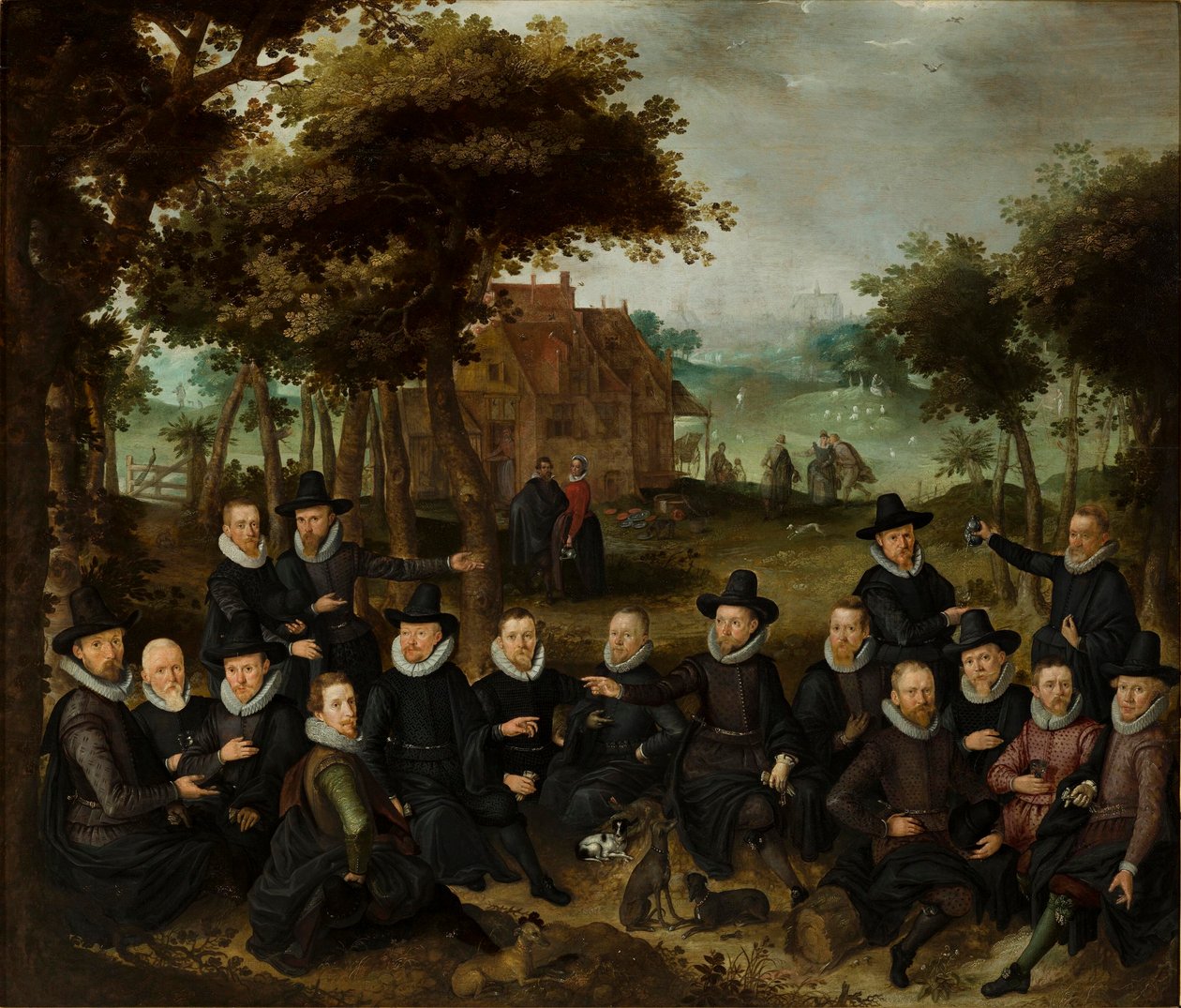 Oficerowie Starej Milicji Alkmaar w krajobrazie. olej na panelu medium QS autorstwa Claes Jacobsz van der Heck