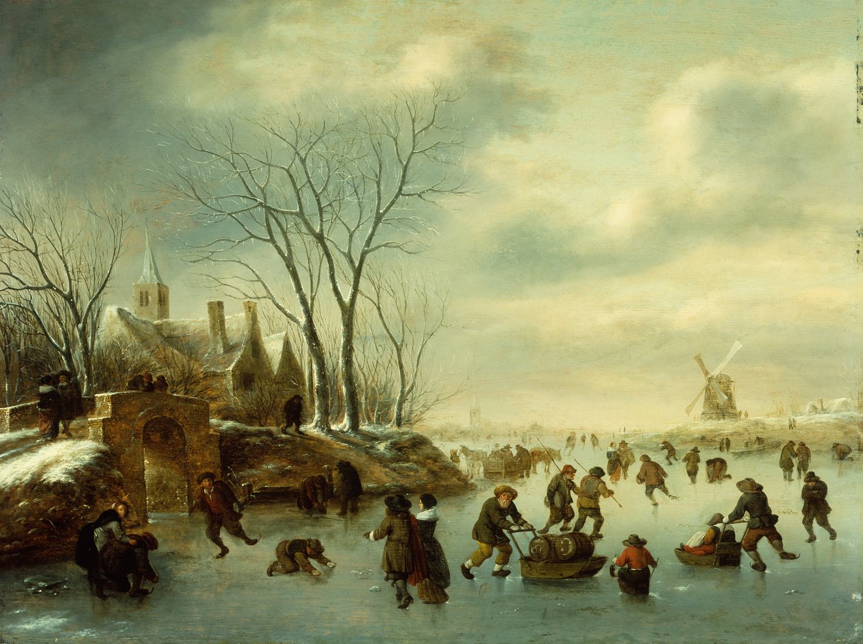 Zimowy krajobraz z łyżwiarzami (olej na panelu) autorstwa Claes (1630-76) Molenaer