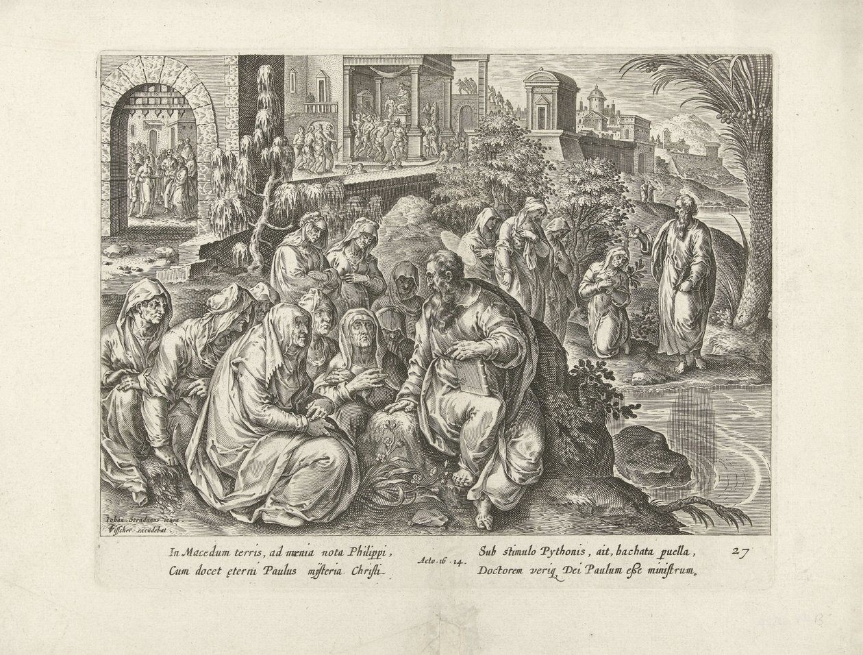 Paweł nawraca kobiety z Filippi Dzieje Apostolskie (tytuł serii) Acta Apostolorum (tytuł serii) autorstwa Claes Jansz. Visscher (II) (attributed to workshop of)