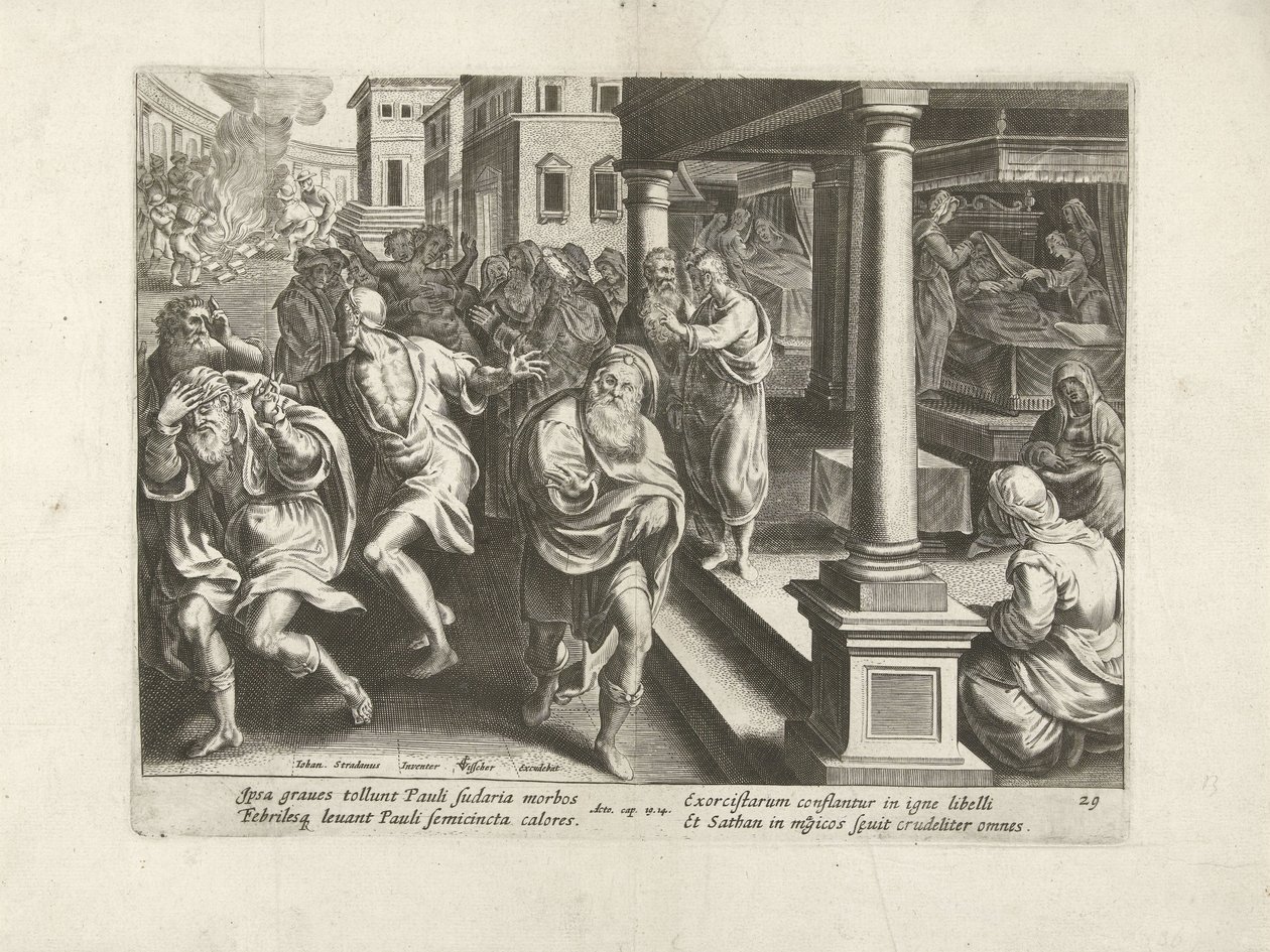 Paweł wypędza demony w Efezie Dzieje Apostolskie (tytuł serii) Acta Apostolorum (tytuł serii) autorstwa Claes Jansz. Visscher (II) (workshop of)