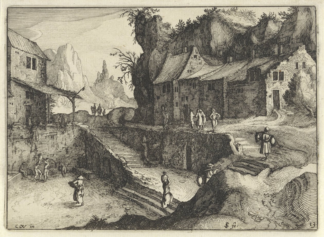 Górska wioska z domami i schodami Holenderskie pejzaże (tytuł serii) Amaeniores Aliquot Regiunculae (tytuł serii na obiekcie) autorstwa Claes Jansz. Visscher (II)