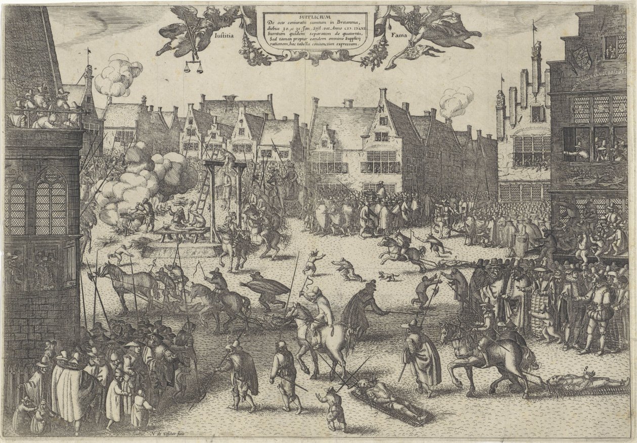 Egzekucja spiskowców prochowej zdrady, 1606 Supplicium de octo coniuratis sumtum in Britannia (tytuł na obiekcie) autorstwa Claes Jansz. Visscher (II)