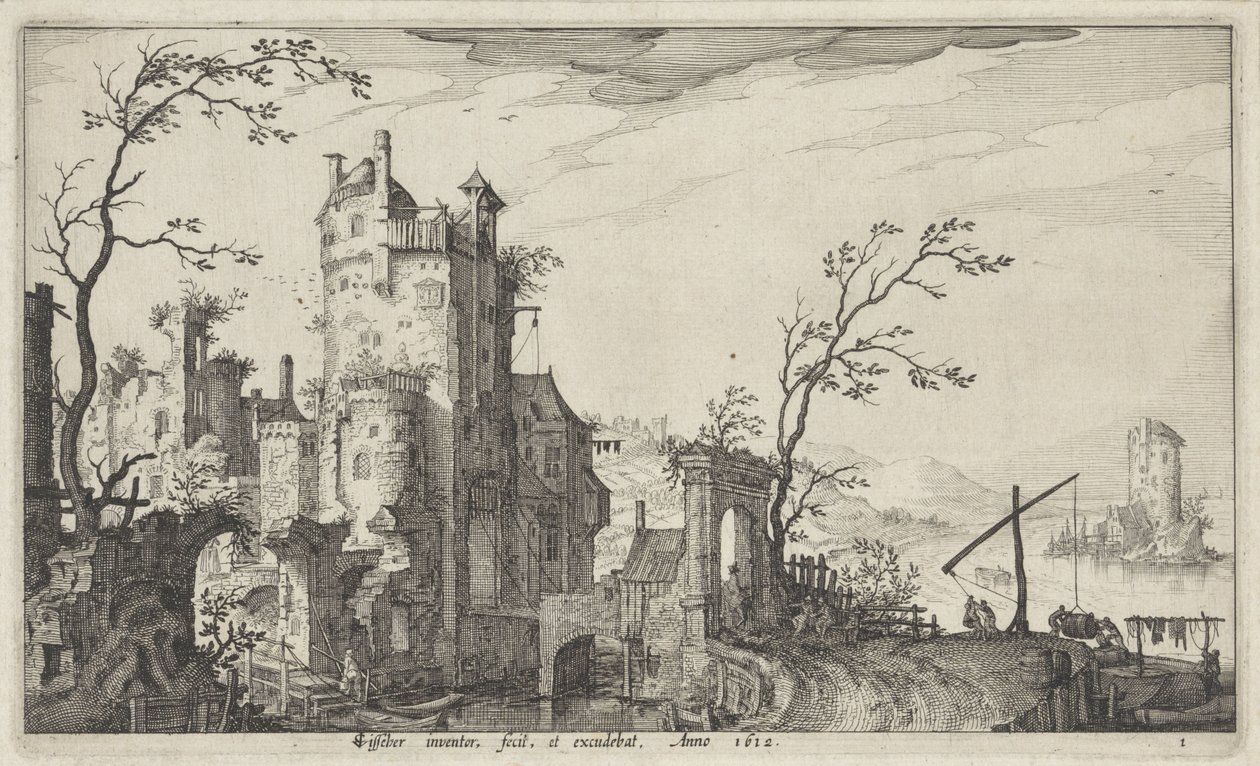 Rujnująca brama miasta na wodzie autorstwa Claes Jansz. Visscher (II)