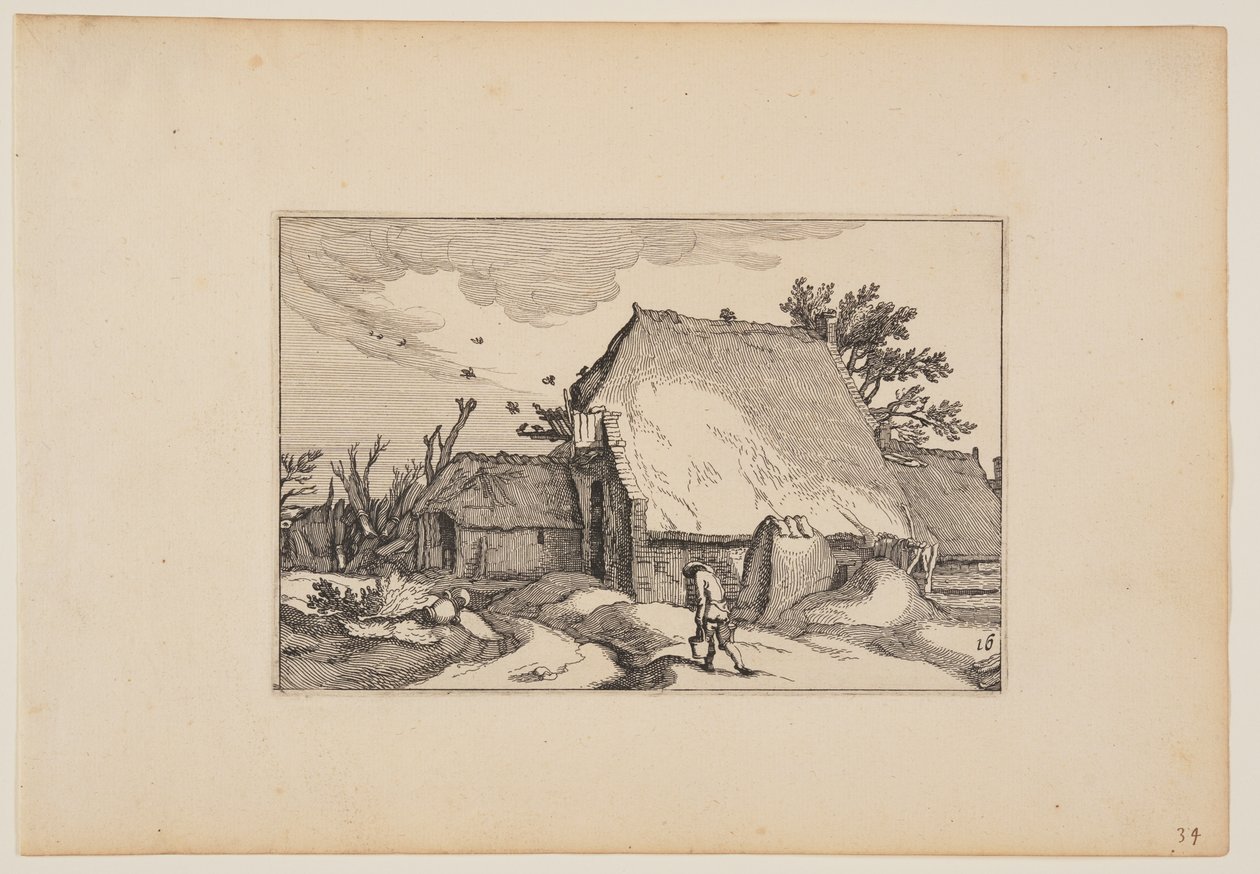Farma, mężczyzna z dwoma wiadrami na ścieżce z przodu, z Landscapes (Verscheyden aerdige Lanthuysen...) autorstwa Claes Jansz. Visscher