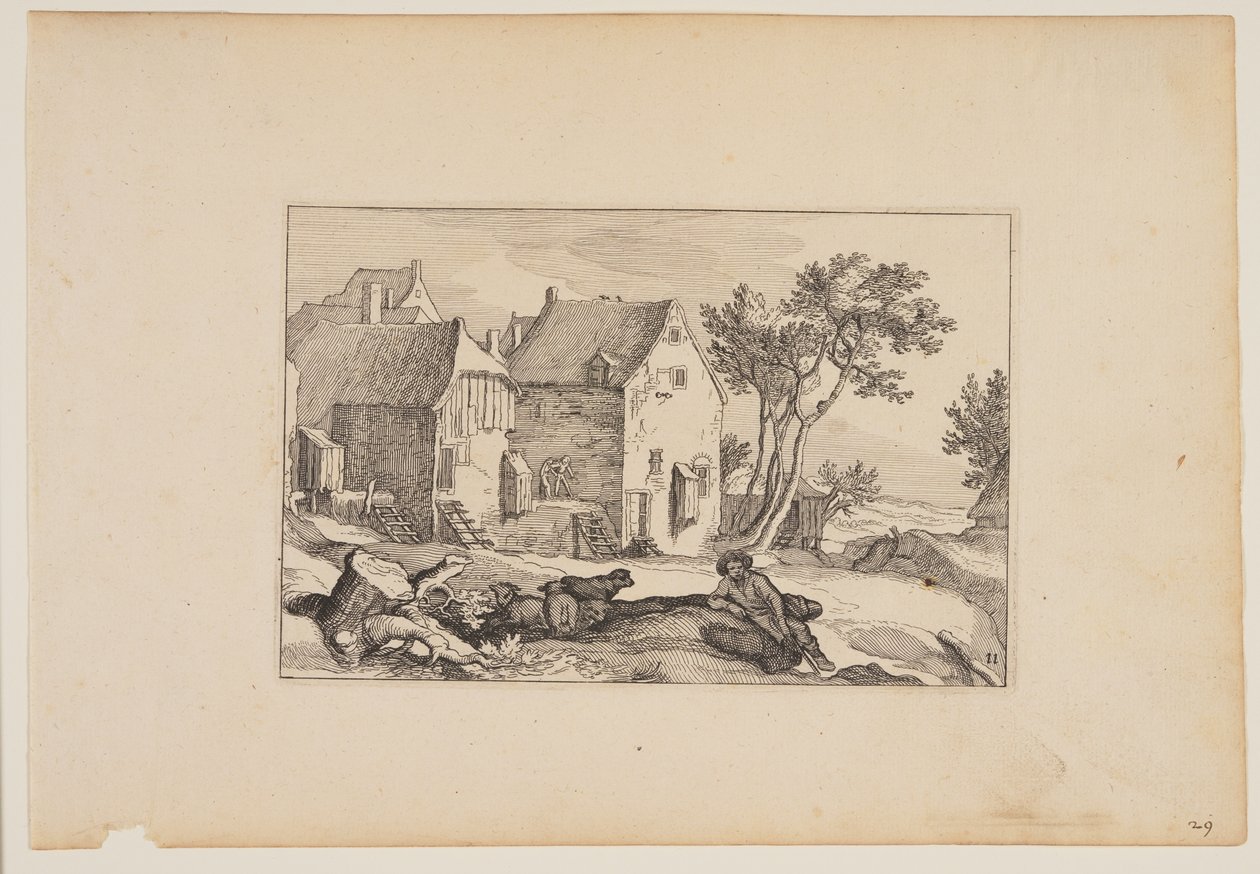 Podwórze, odpoczywający pasterz na pierwszym planie, z Landscapes (Verscheyden aerdige Lanthuysen...) autorstwa Claes Jansz. Visscher