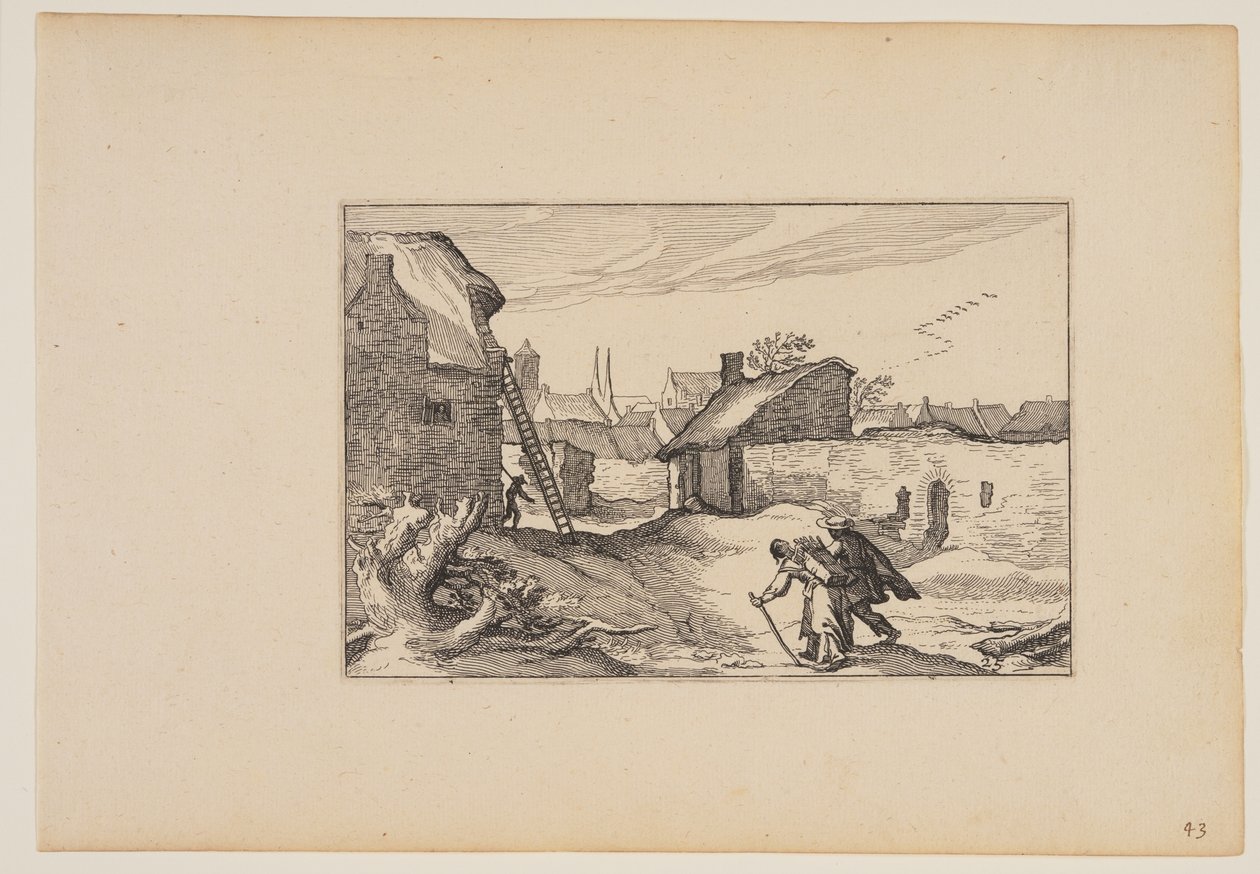Wieś, drabina stojąca na tle domu po lewej stronie, z Pejzaże (Verscheyden aerdige Lanthuysen...) autorstwa Claes Jansz. Visscher