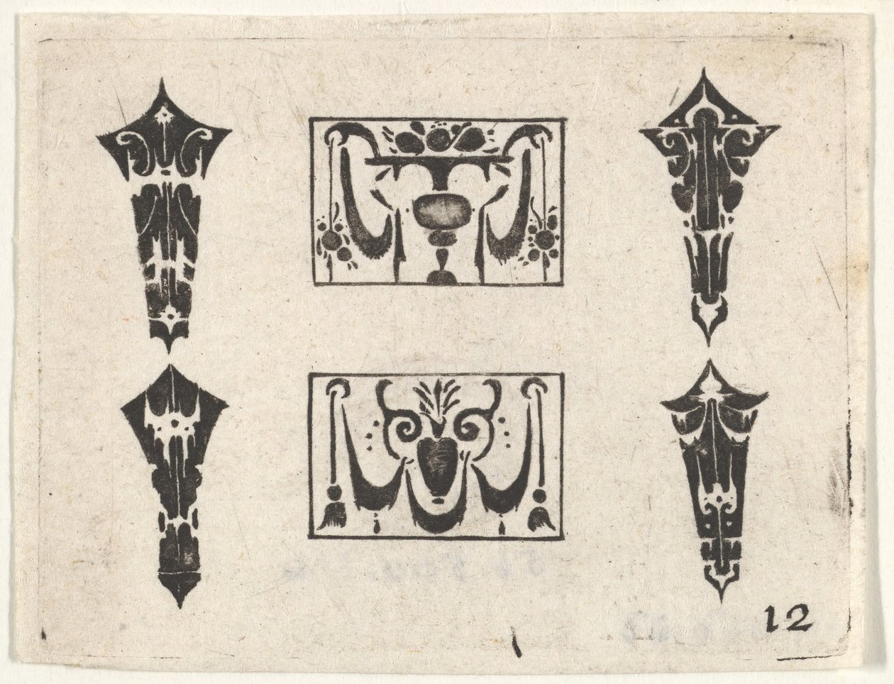 Blackwork Print z dwoma poziomymi panelami i czterema ramkami, ca. 1620. autorstwa Claes Jansz Visscher