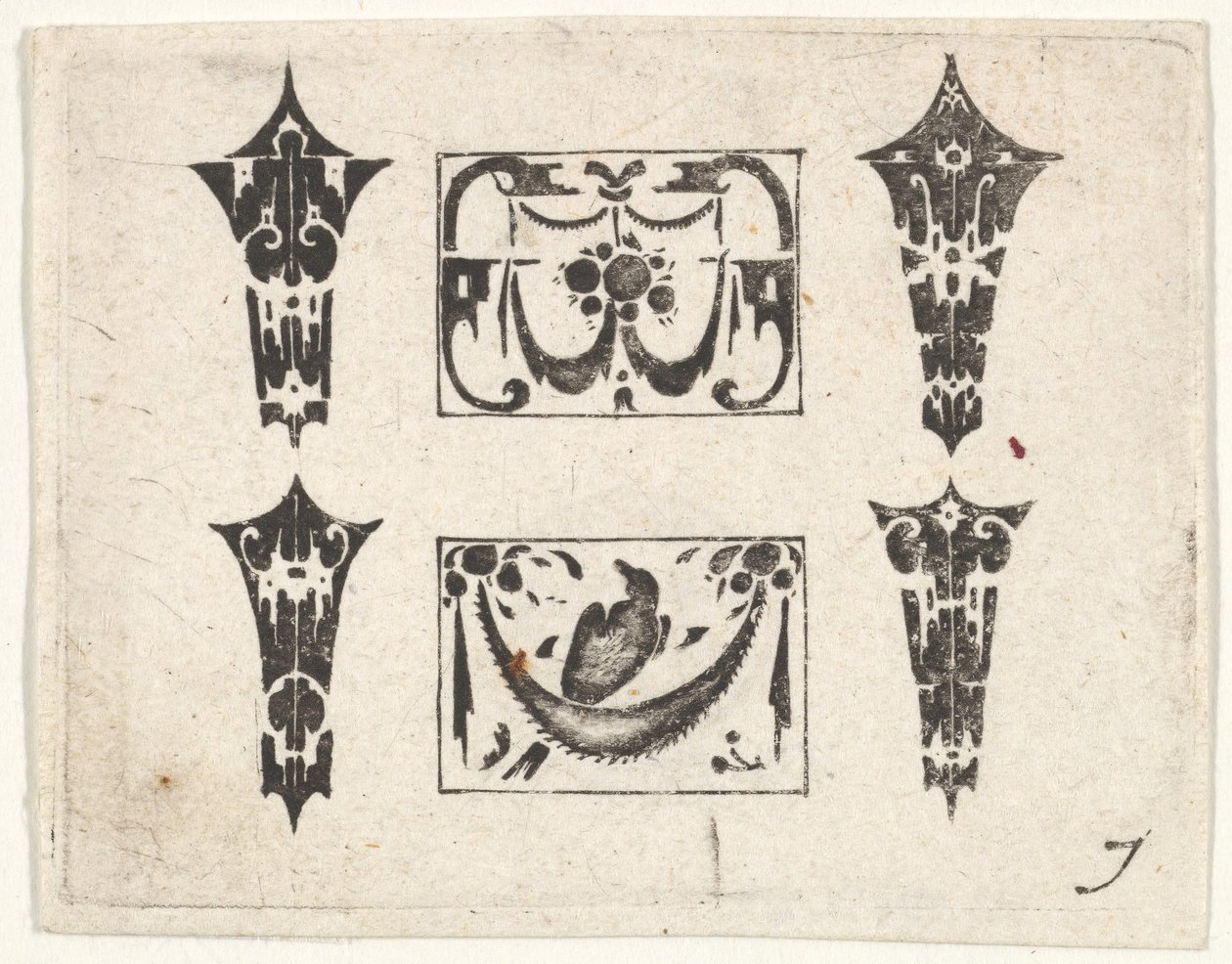 Blackwork Print z dwoma poziomymi panelami i czterema ramkami, ca. 1620. autorstwa Claes Jansz Visscher
