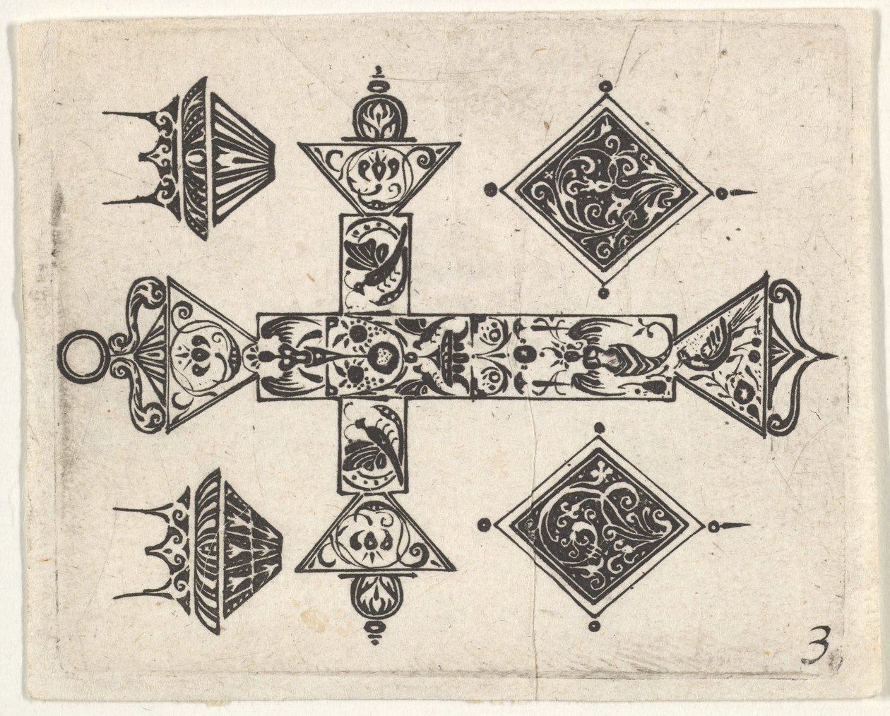 Blackwork Print z krzyżem łacińskim i czterema motywami, ca. 1620. autorstwa Claes Jansz Visscher