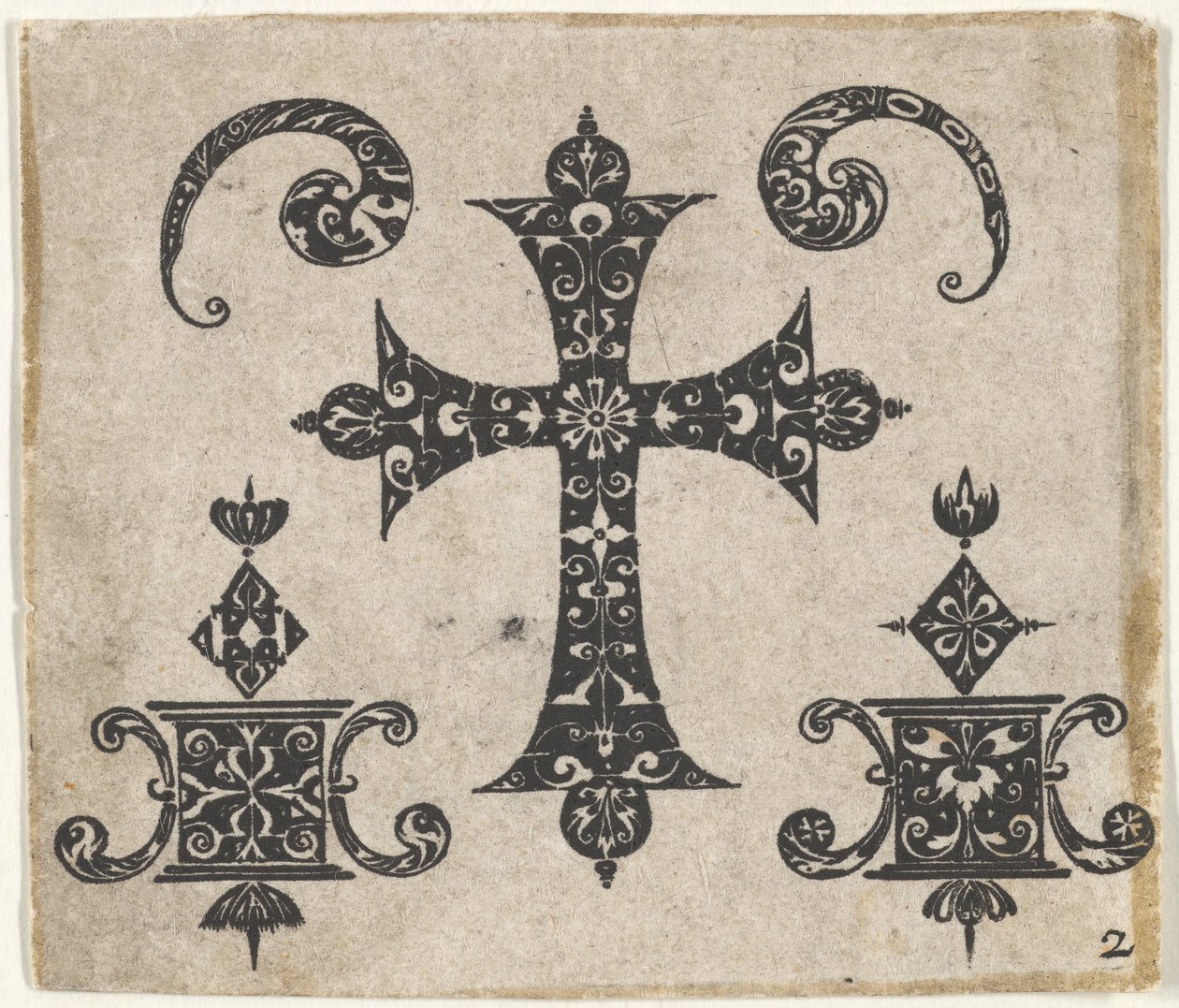 Blackwork Print z krzyżem łacińskim i małymi motywami, ca. 1620. autorstwa Claes Jansz Visscher