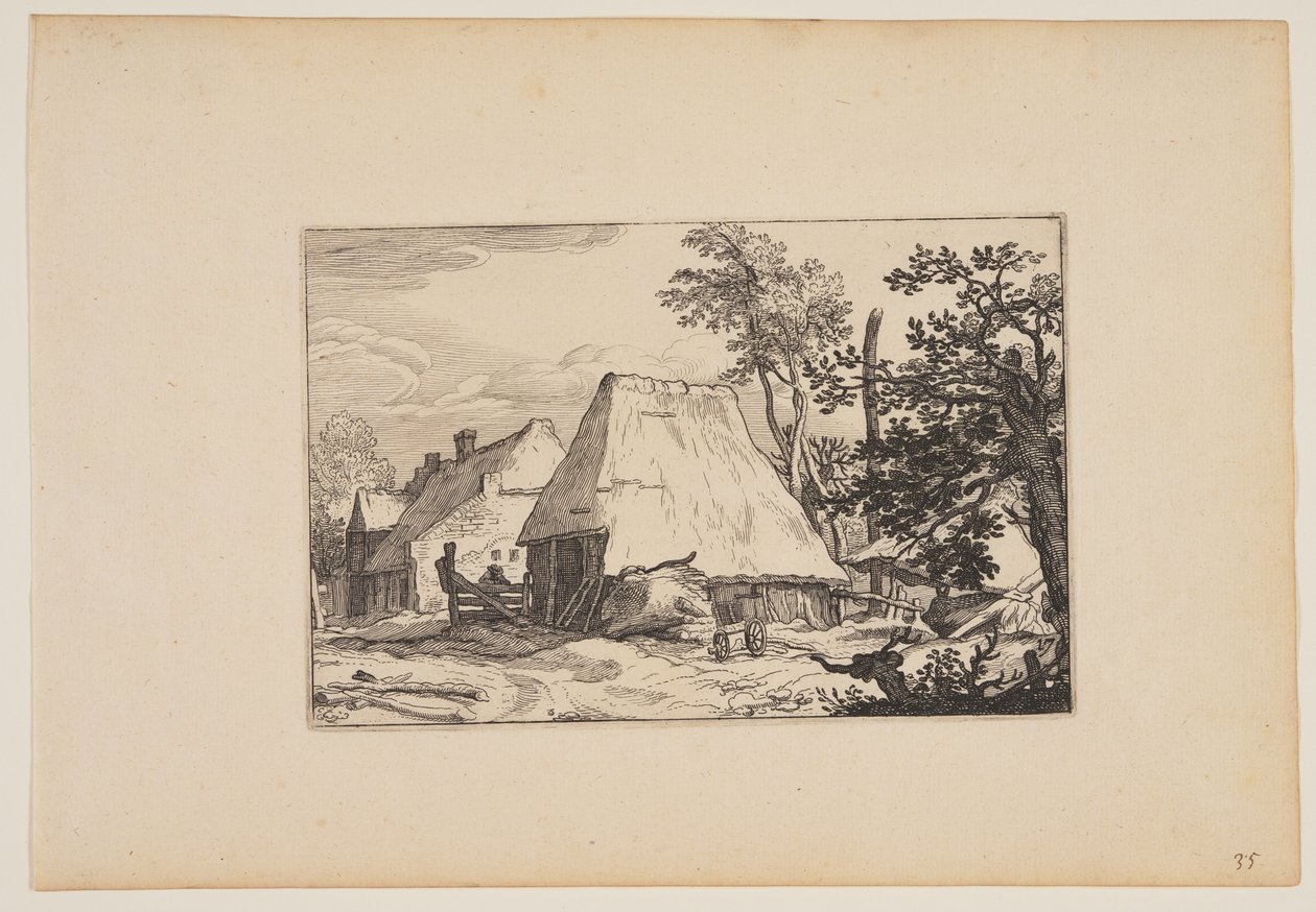 Farmyard, Man Resting on a Fence left of Centre, from Landscapes (Verscheyden aerdige Lanthuysen...) autorstwa Claes Jansz. Visscher
