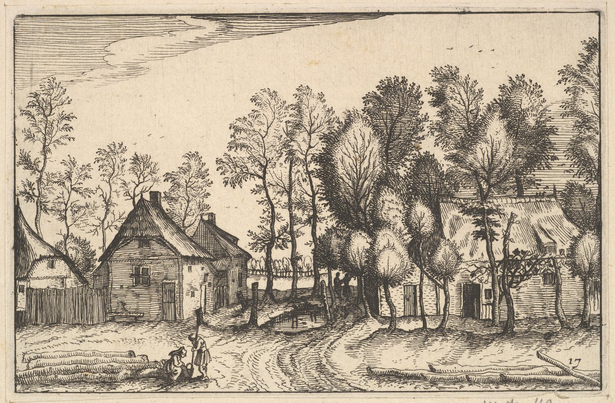 Pejzaż z ciosanymi drzewami, tablica 17 z Regionów i miast Księstwa Brabancji..., ca. 1610 autorstwa Claes Jansz Visscher