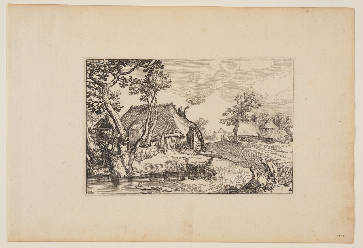 Stary mężczyzna i kobieta odpoczywający nad stawem, z Pejzaże (Verscheyden aerdige Lanthuysen...) autorstwa Claes Jansz. Visscher