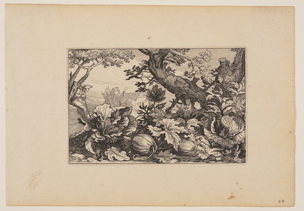 Drzewo i melony, z krajobrazów (Verscheyden aerdige Lanthuysen...) autorstwa Claes Jansz. Visscher